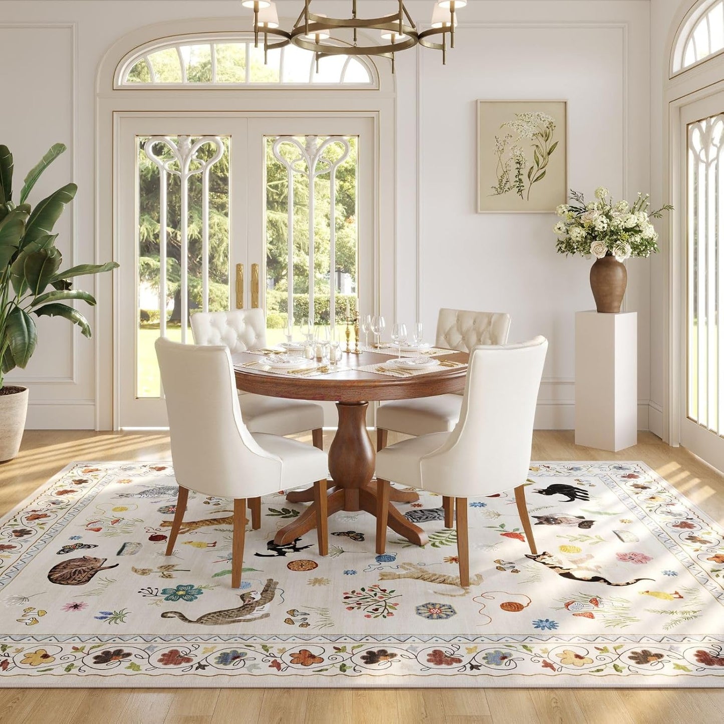 Rugcomf Living Room Rug 6x9 Rug Machine Washable Boho Area Rug Non Slip Floral Animal Cat Vintage Low Pile Large Rug for Living Room Bedroom Farmhouse Dining Room Kids Playroom, Beige