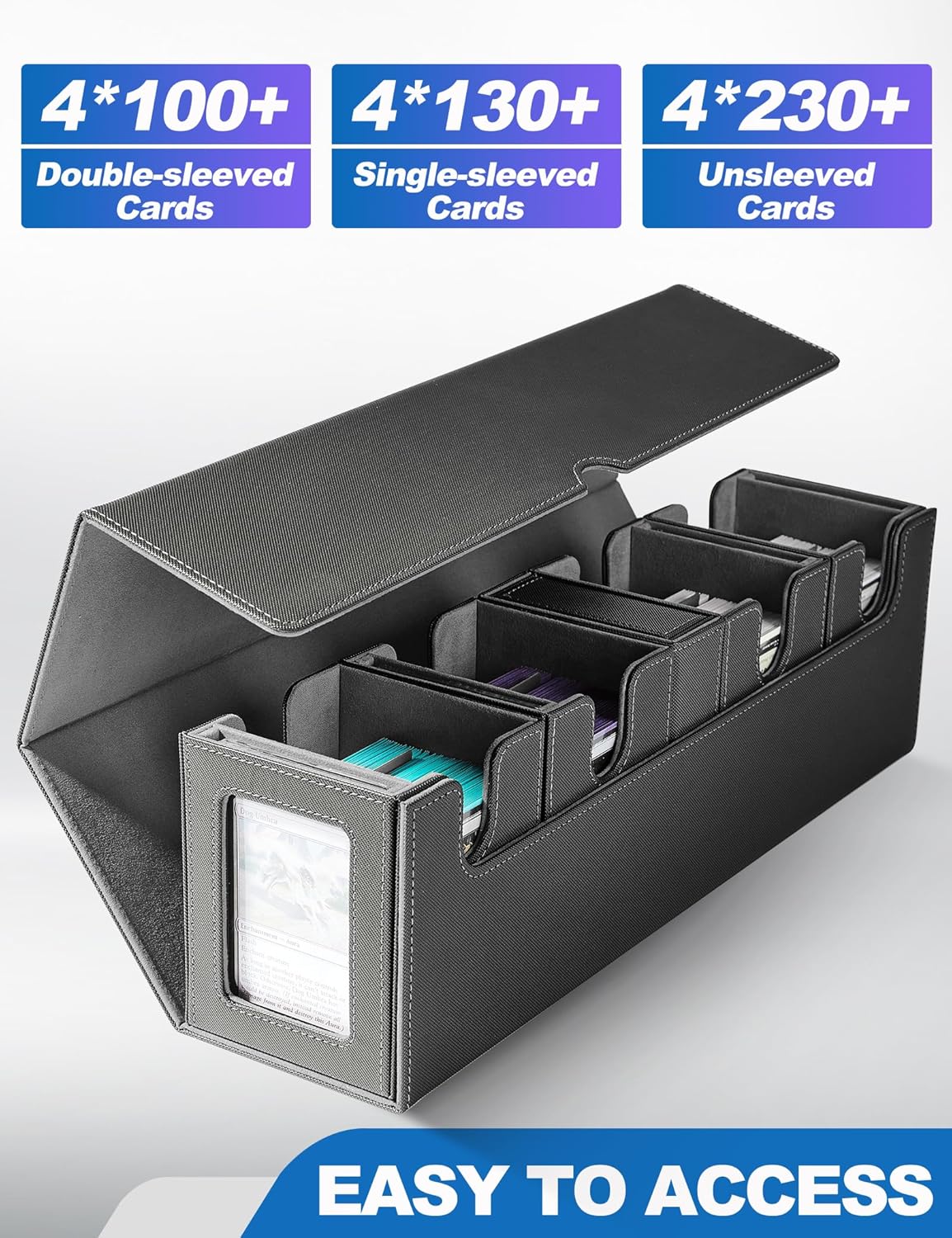 Card Deck Box for MTG with Commander Display, 5 in 1 Card Deck Case Holds 800+ Unsleeved Cards, Strong Magnet Organizer Compatible with Yugioh TCG Sports Cards (Black&Grey)