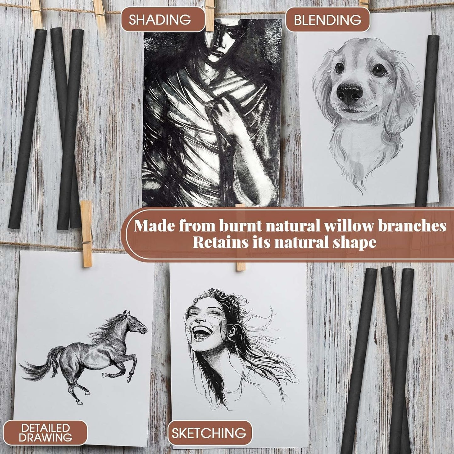 Gueevin 25 Pcs Willow Charcoal Sticks, Willow Charcoal, Artists, Beginners, Students, Perfect for Sketching, Drawing, Shading, and Fine Art Christmas Gifts for Art (2-4mm)