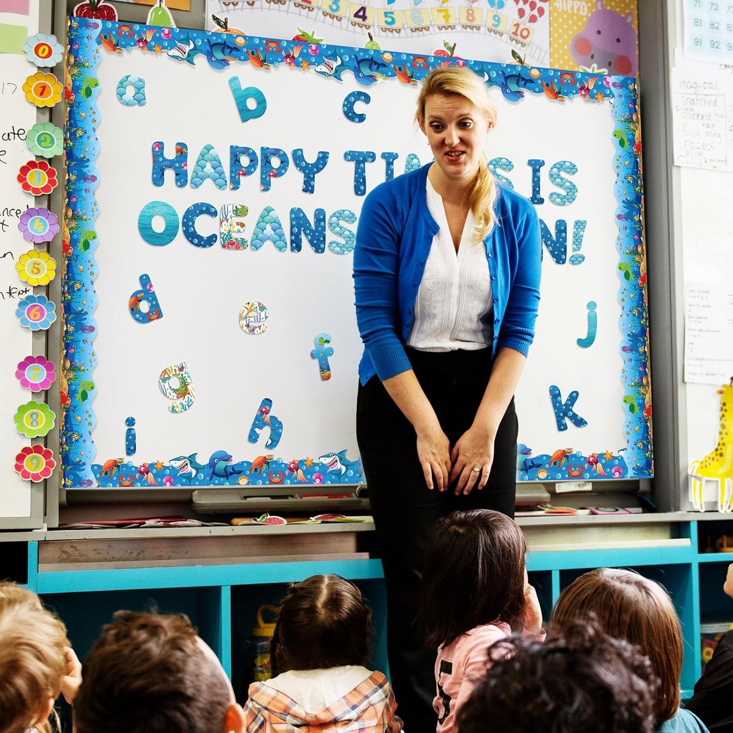 221 Pcs Bulletin Board Letters Round Alphabet Number Punctuation Symbol Combo Letter Cutouts Classroom Decoration for School Classroom Chalkboard Poster Board(Ocean Round)