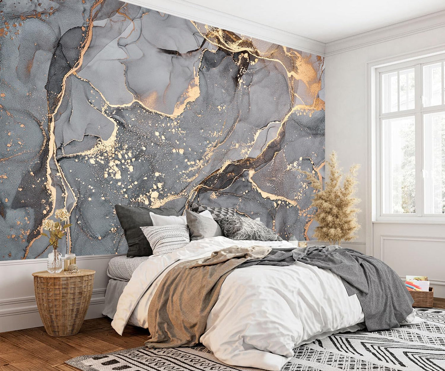 AFZEVEB-Gray and Gold Marble Wallpaper Wall murals for Bedroom 114"x74"(Not Peel and Stick)