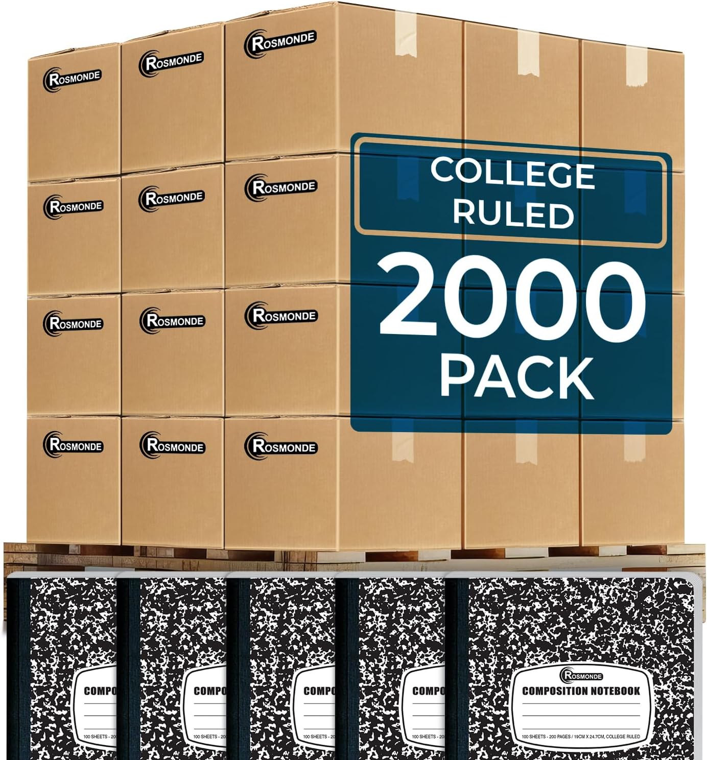 Rosmonde 2000 Pack (Pallet) Composition Notebooks Bulk, College Ruled, Full Pallet of Notebooks, 200 Pages (100 Sheets), 9-3/4 x 7-1/2, Bulk Notebooks for School, College & Office, 4-7 Days Transit