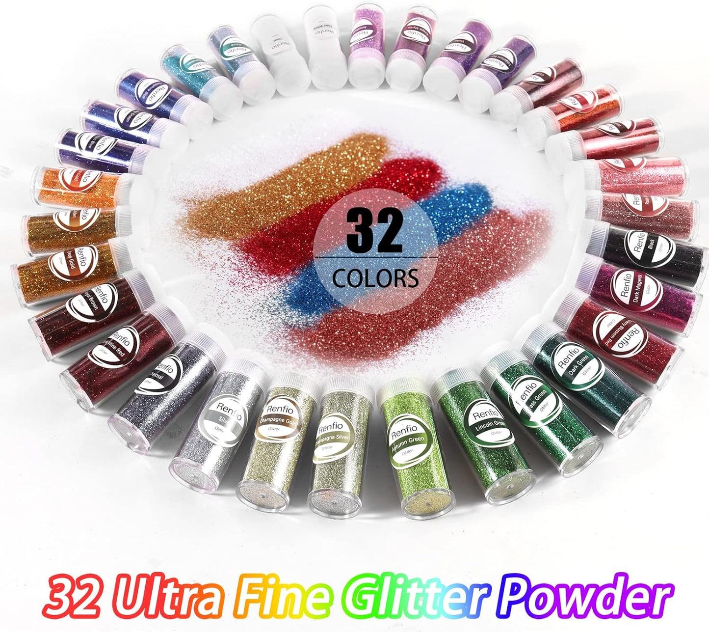 Renfio 32 Colors Glitter Set, 16.93oz 480g Ultra Fine Glitter Powder PET 1/128" 0.008" 0.2mm Resin Suppies Assorted Craft Glitter for Fake Nails, Resin Art, Tumblers, Slime, Hair, Bomb