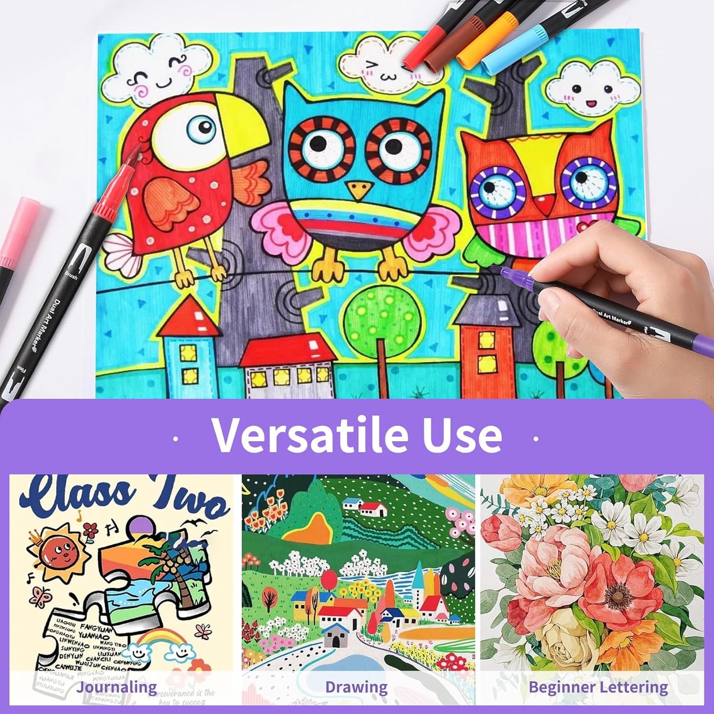 Dual Tip Markers, Double Brush Art Markers Set with Fine Tip and Brush Tip for Adult Coloring Book, Hand Lettering, Calligraphy & Drawing, Art Supplies Kit for Kids and Adults (100 Colors)