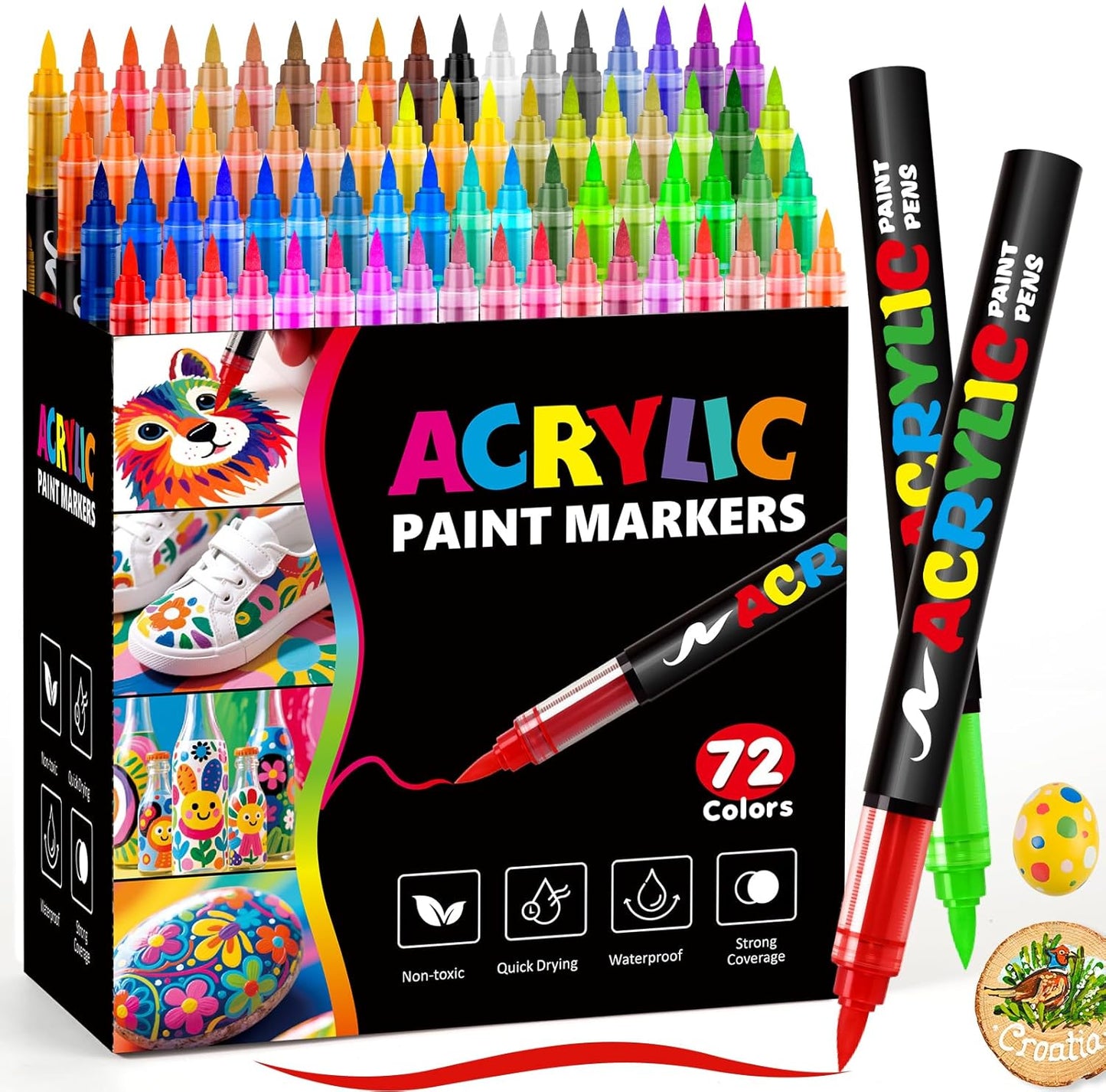 72 Colors Acrylic Paint Markers, Soft Brush Tip Pens and Markers, Water-Based Acrylic Paint Pens for Wood, Stone, Canvas, Glass, Fabric, Egg, Rock Painting and DIY Crafts Art Supplies