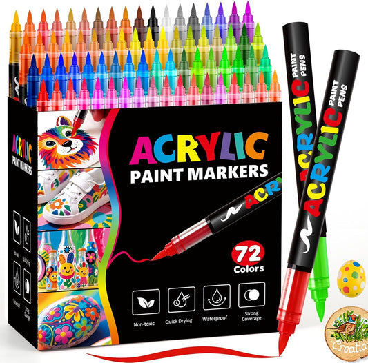 72 Colors Acrylic Paint Markers, Soft Brush Tip Pens and Markers, Water-Based Acrylic Paint Pens for Wood, Stone, Canvas, Glass, Fabric, Egg, Rock Painting and DIY Crafts Art Supplies
