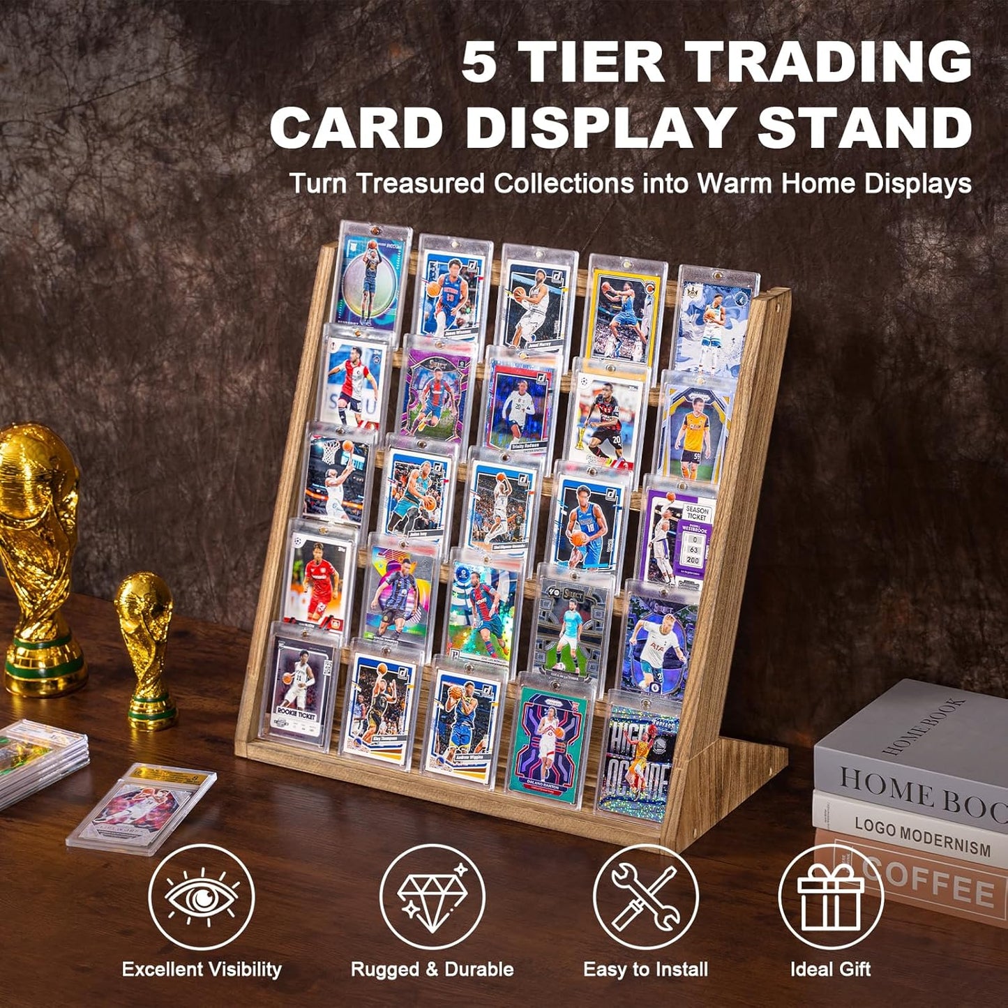 Emfogo Trading Card Display Stand, 5 Tier Sports Graded Card Display, Wooden Trading Card Display Stand for Soprts Card Collection & Show, Brown