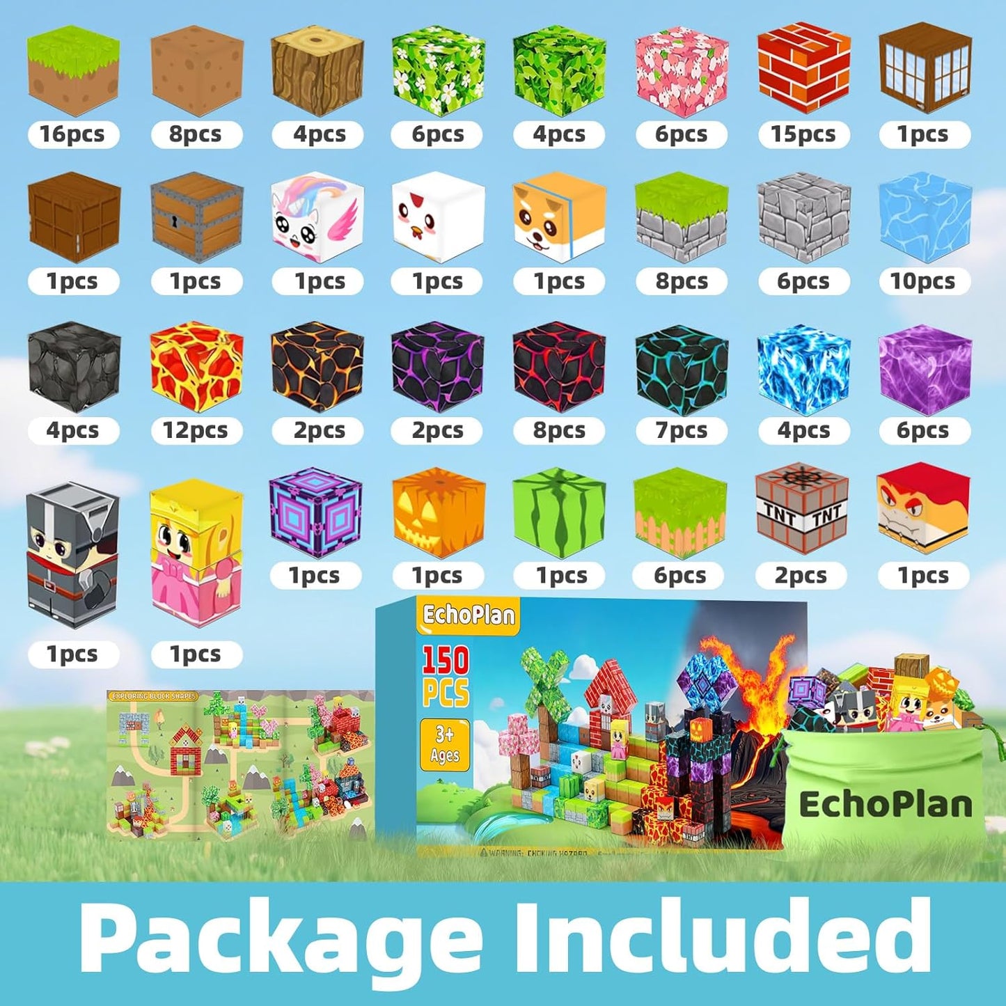 EchoPlan 150PCS Magnetic Blocks, Magnetic Building Blocks, STEM Constructions Magnet Blocks for Boys Girls Age 3 4 5 6 7 8 9 10, Sensory Stacking Toy Christmas Birthday Gifts for Kids, 1" Large Size