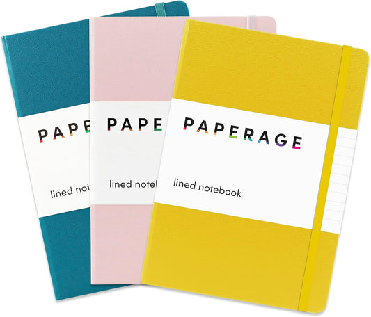 PAPERAGE Lined Journal Notebooks, 3 Pack, (Yellow, Blush & Turquoise), 160 Pages, Medium 5.6 inches x 8 inches - 100 GSM Thick Paper, Hardcover