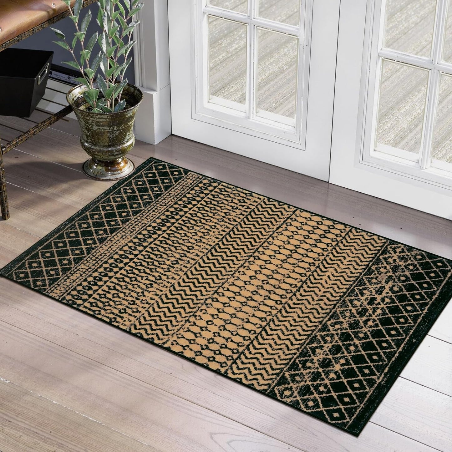 Moroccan Door Mat Indoor Entrance, 2x3 Machine Washable Small Rug for Bedroom, Non-Slip Low Pile Natural Brown Rug Farmhouse Rugs for Entryway Kitchen Bathroom