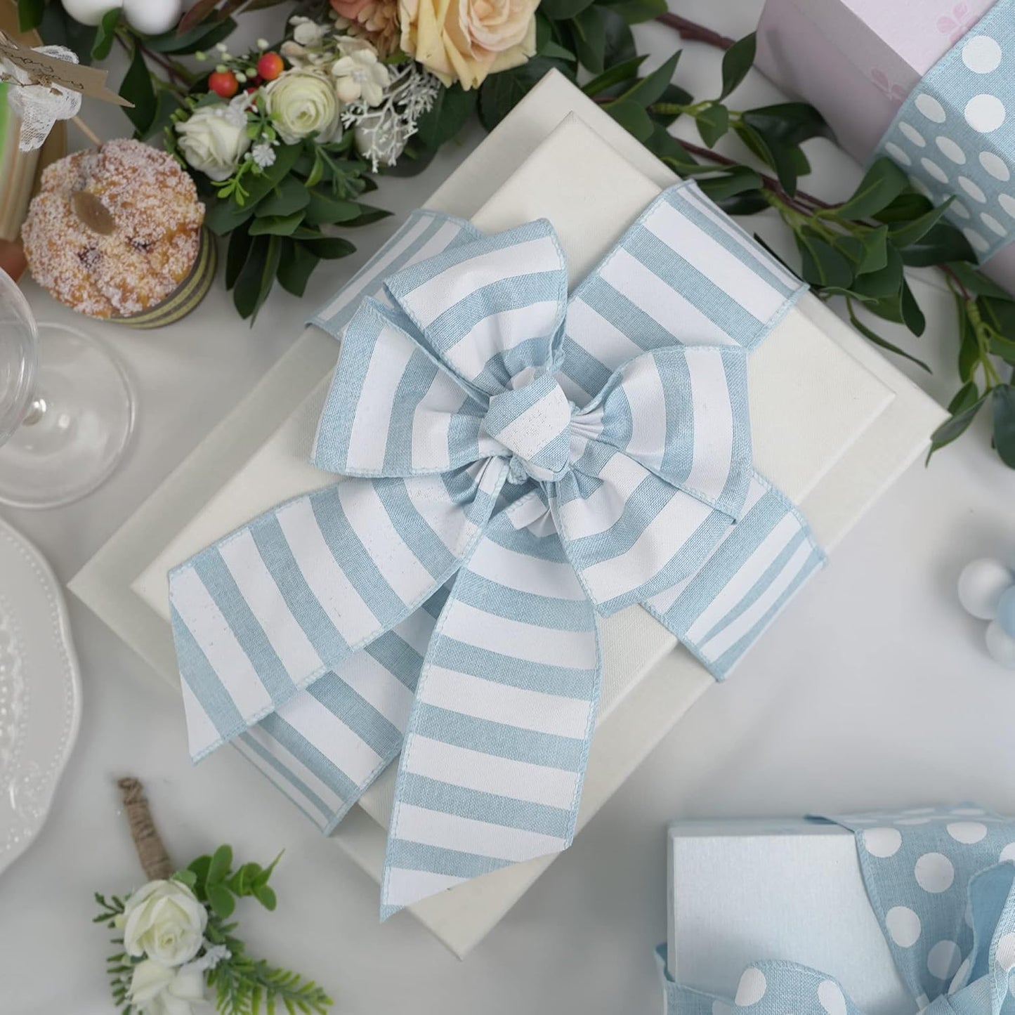 MEEDEE Blue White Stripe Ribbon 2.5 Inch Light Blue Wired Ribbon for Baby Boy Wreath, Baby Shower Elephant Wreath Diaper Cake Supplies, 10 Yards