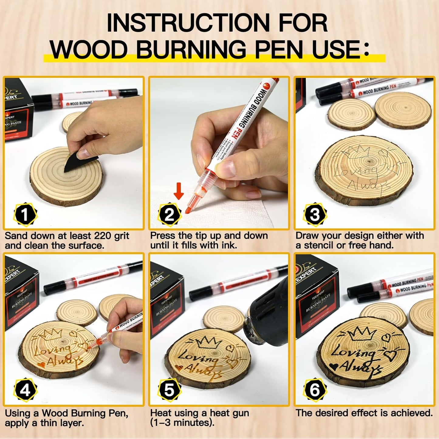 Teexpert Wood Burning Gel Pen Kit, 4 OZ Paste, 2 Double-Sided Scorch Pens, 4 Tips, Squeegee, Sandpaper for DIY Heat Sensitive Wood Crafts Suitable for Artists & Beginners