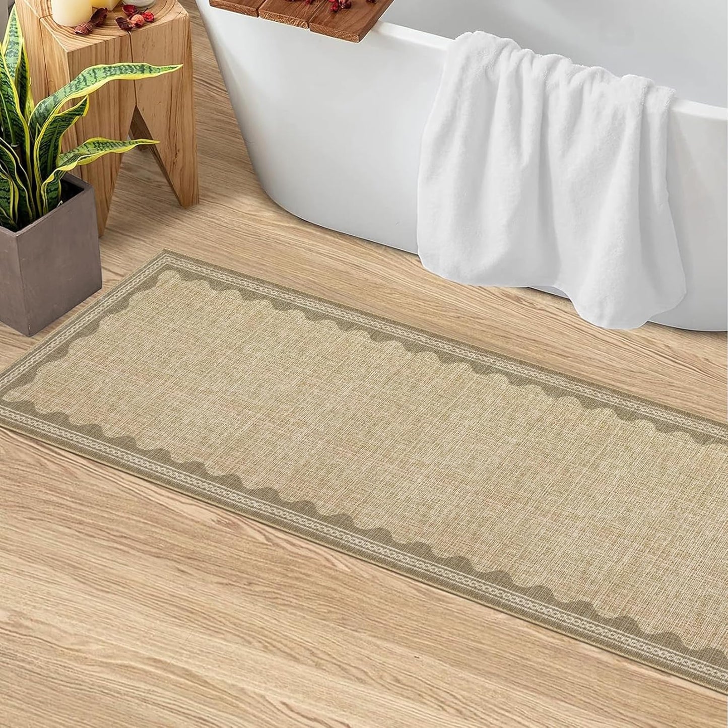 Scalloped Rug 2.5x10 Runners for Hallways, Solid Jute Non Slip Scalloped Bath Runner, Washable Rug for Bedroom Girls, Rugs for Kitchen Floor Soft Dorm Nursery Carpet for Bedside