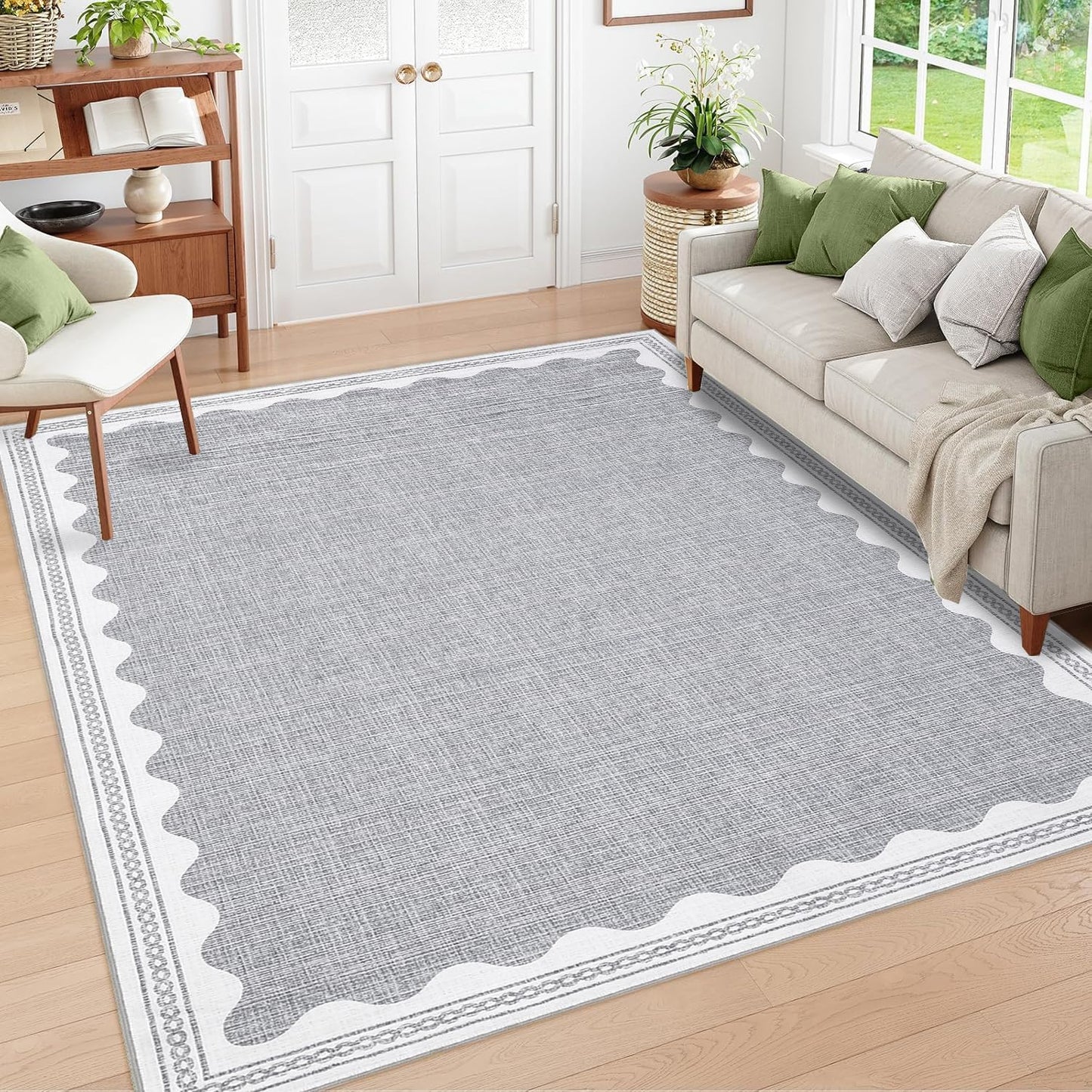 Scalloped Washable Rug 8x10 Area Rugs for Living Room, Solid Grey Rug for Bedroom Girls, Non Slip Throw Carpet with Rubber Back, Soft Dorm Nursery Scalloped 8x10 Rugs for Dining Room