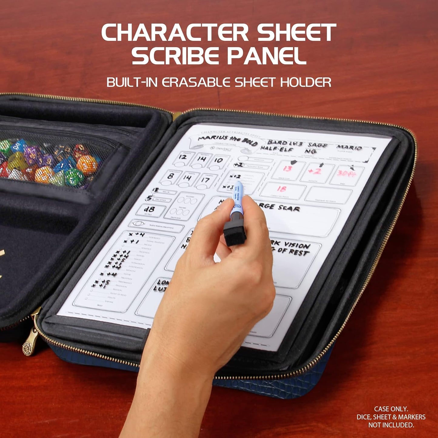 ENHANCE RPG Organizer Case - DnD Binder with Built-in Character Sheet Holder and Erasable Scribe Panel, Dice Rolling Area, Removable Pen Pouch, Miniature Foam Tray, Wrist Strap