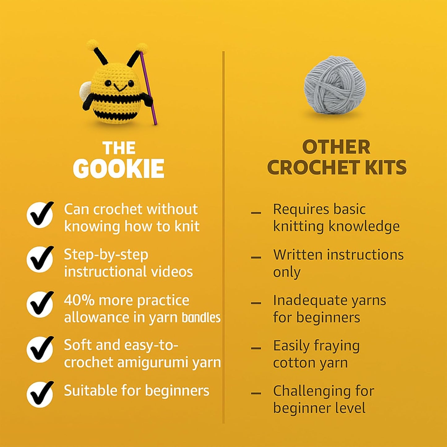 The Gookie Amigurumi Crochet Kit for Beginners – DIY Crochet Kit with Yarn, Hook, Eyes & Stuffing – Easy Starter Set with Video Tutorials – Cute Plush Toy Craft Gift for Kids, Teens & Adults (Penguin)