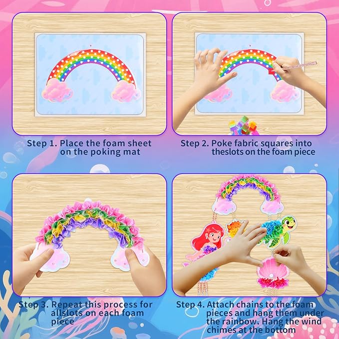 Ancitoy Ocean Mermaid Poke Art Wind Chime Craft Kit – DIY Arts and Crafts for Kids Ages 4-9, Mess-Free Fabric Art Activity, Creative Birthday Gift for Girls and Boys
