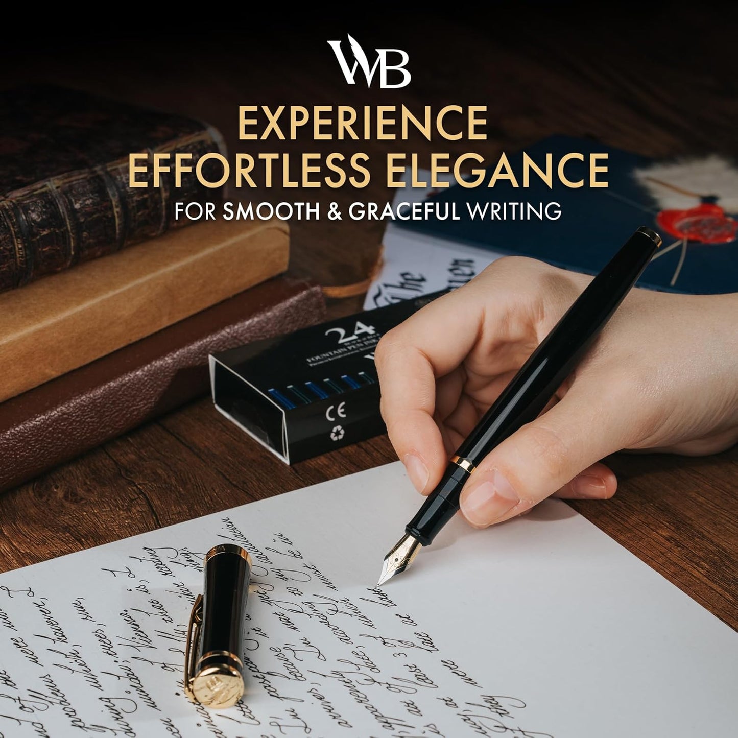 Wordsworth & Black Fountain Pen Set, 18K Gilded Extra Fine Nib, Includes 24 Pack Ink Cartridges, Ink Refill Converter & Gift Box, Gold Finish, Calligraphy, [Black Gold], Perfect for Men & Women