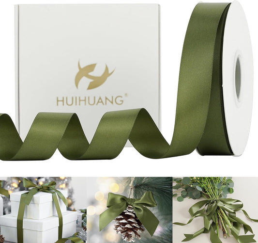 HUIHUANG Satin Ribbon 1 inch Moss Green Ribbon 50 Yards Double Face Silk Satin Ribbons for Crafts Christmas Tree Decor Gift Wrapping Bows Bridal Floral Bouquet Wedding Invitation Card Party Decor