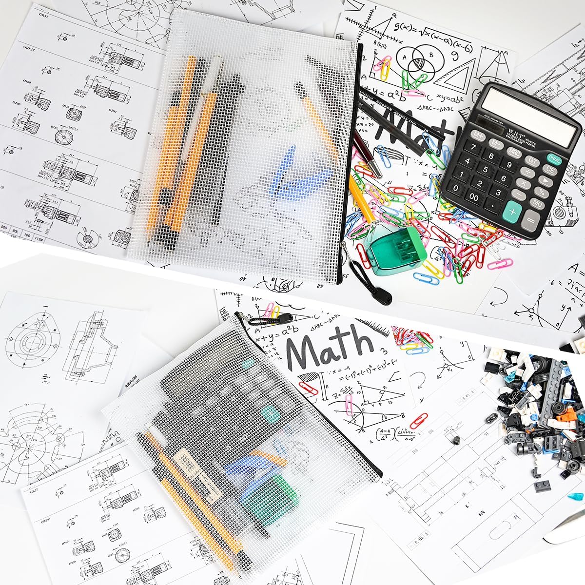 AUSTARK 10 Pcs Zipper File Bags, Waterproof Plastic Mesh Pouch for Office School, Board Game Storage Bags (B5 Size 11.4''x8.2'', White and Black)