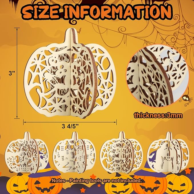 COCHIE DIY 3D Halloween Pumpkin Wood Crafts to Paint for Kids Adults, Paintable Unfinished Wooden Slices for Craft, Cutouts Ornaments for Painting Decorations (24 PCS)