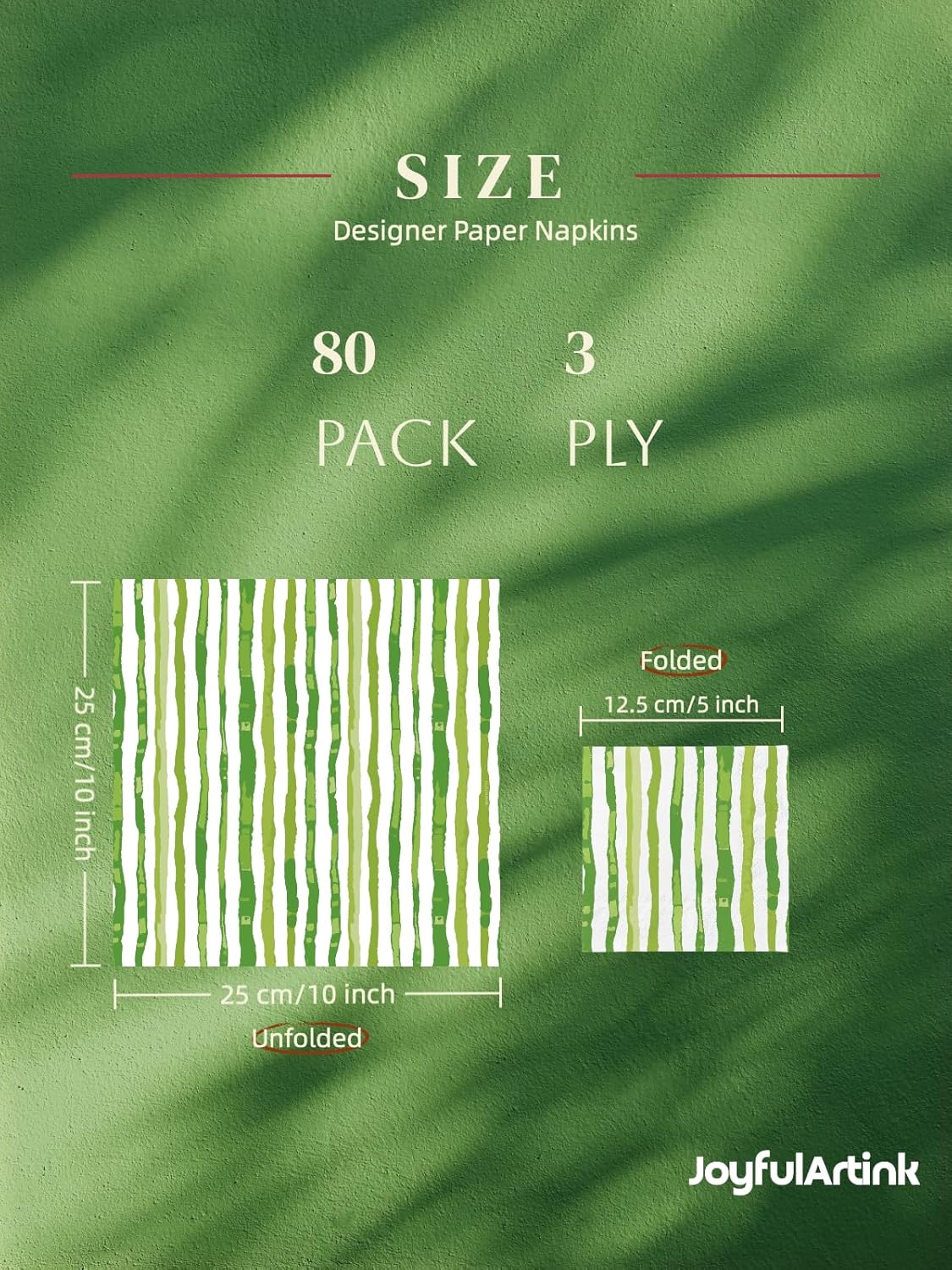 80 Pack Designer Cocktail Beverage Napkins, 3-Ply 5x5-inches Disposable Decorative Fall Winter Green and White Stripe Watercolor Napkin for Wedding Birthday Anniversary Party Baby Shower