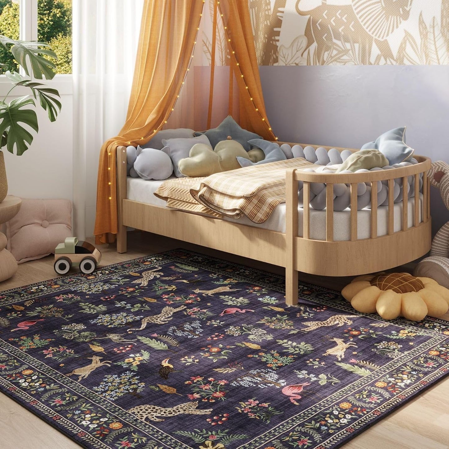 Rugcomf Area Rugs 8x10 Rug for Living Room Clearance Washable Boho Area Rug Non Slip Floral Animal Vintage Low Pile Large Rug for Living Room, Bedroom, Farmhouse, Dining Room, Kids Playroom (Blue)