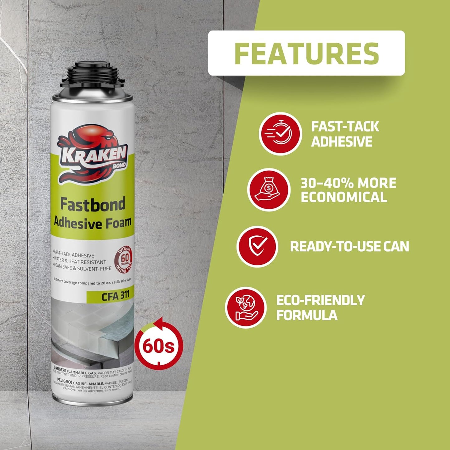 Kraken Bond Fastbond Spray Foam Adhesive (12x24oz.) - Heavy Duty Construction Adhesive for Insulation, Wall & Facade, Concrete, Stone, Subfloor, XPS & EPS Foam Board, Gun&Cleaner Included | 12 Pack