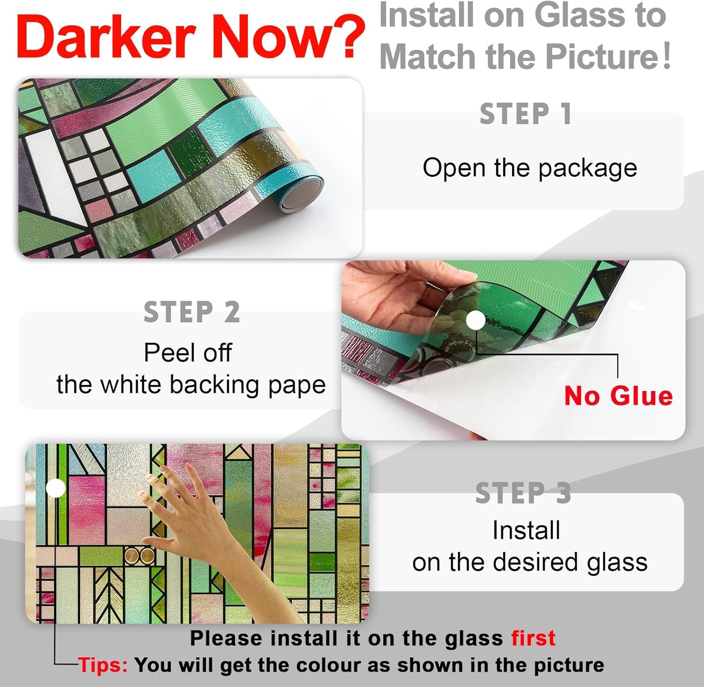 3D Stained Glass Window Privacy Film, Heat Control UV Blocking Static Cling Decorative Window Film for Bathroom,Front Door,Home Non Adhesive,Colorblock 16.9 x 78.7 inches