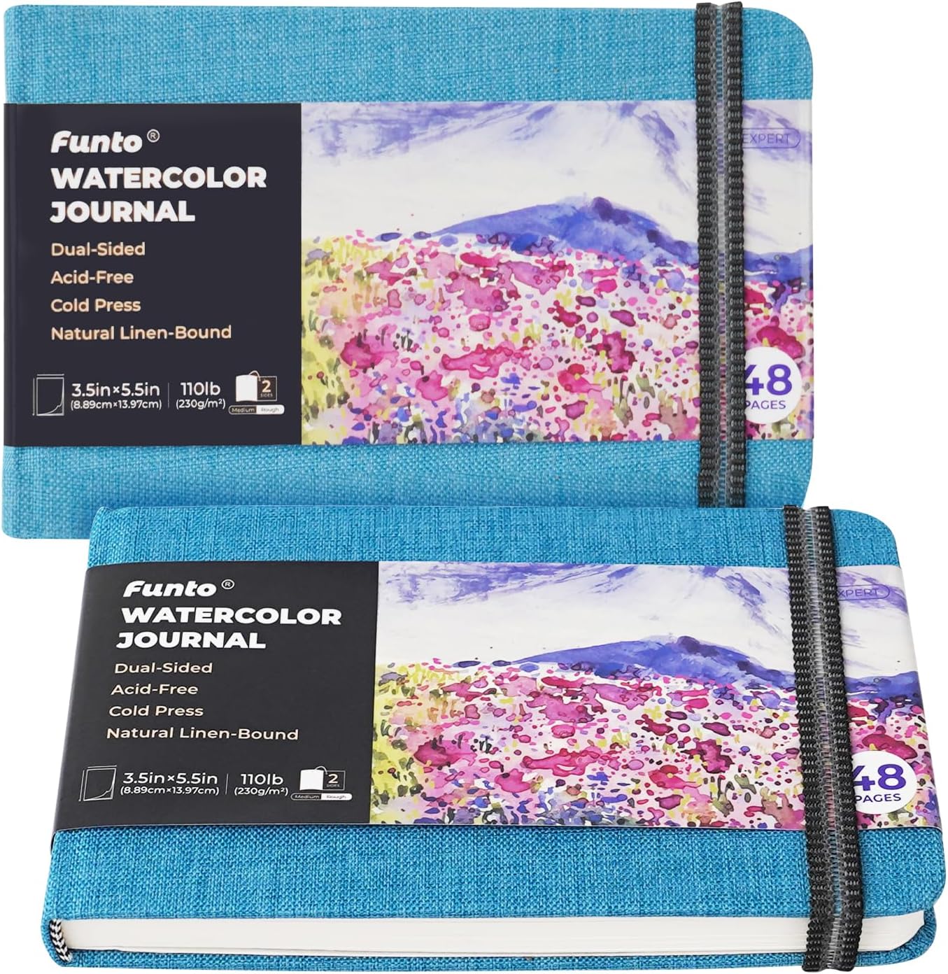 Funto Watercolor Journal, 3.5x5.5, 2 Pack, 24 Sheets Each, Blue Cloth Cover, 110lb/230gsm, Suitable for Techniques and Mixed Media