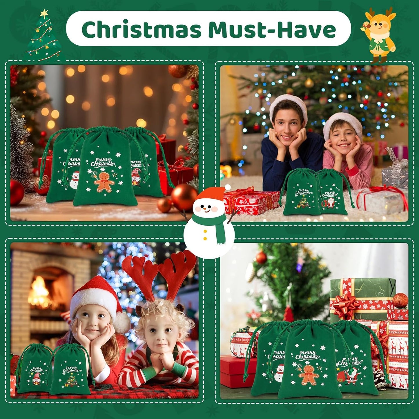Tapleap Christmas Bags with Drawstring - 50Pcs 3x4 Green Velvet Coth for Wrapping Christmas Party Favors or Gifts for Friends, Children, Customers