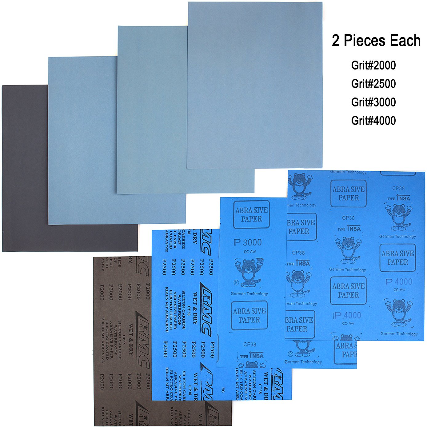 9x11 inch 16 Sheets Sandpaper, Wet or Dry 2000-10000 Grit 8 Assortment Sand Paper, Extra Fine Abrasive Pads for Automotive Sanding, Wood Turing Finishing, Metal Furniture Polishing and More