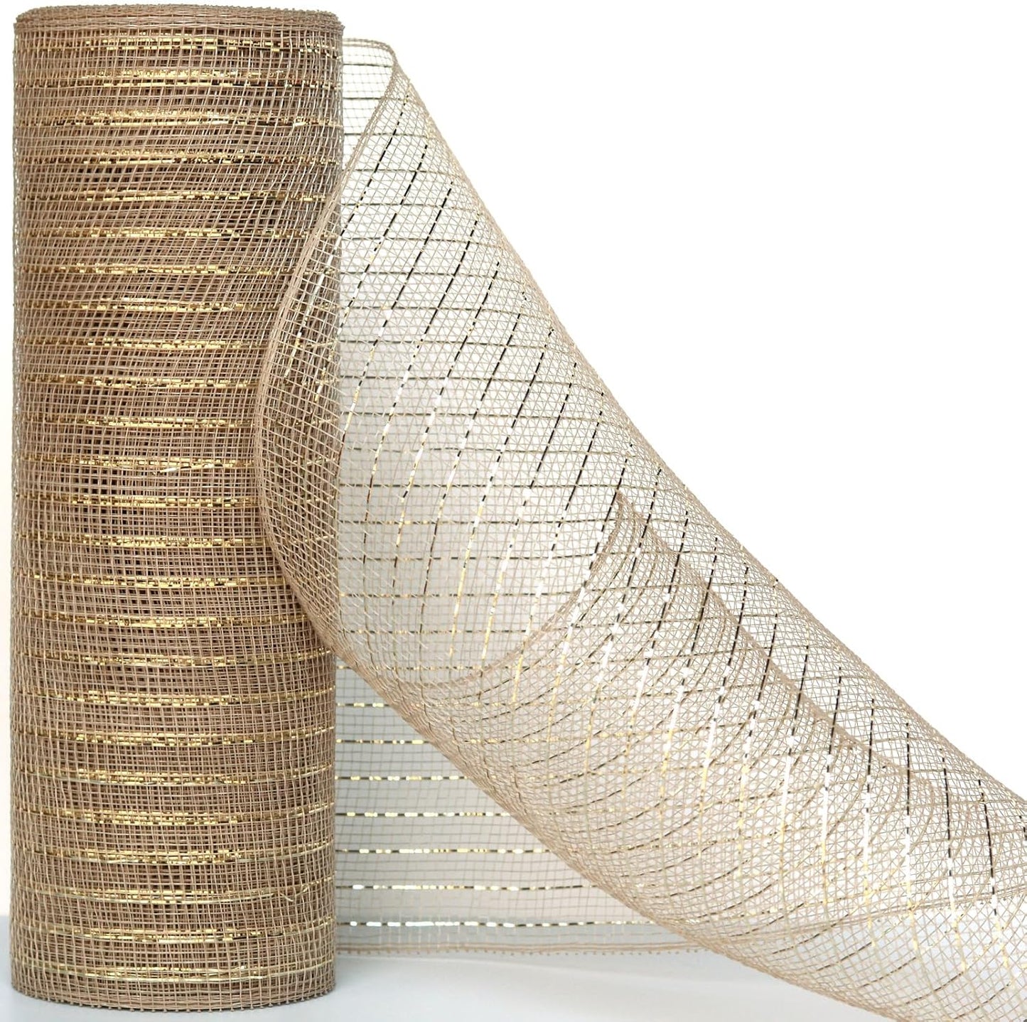 Koopi Deco Mesh 10 inch x 30 feet Each Roll, Set of 2 Tan Burlap with Champagne Metallic Foil Poly Mesh Ribbons for Wreaths, Swags, Craft, Party and Decorating Supplies- 2 Rolls