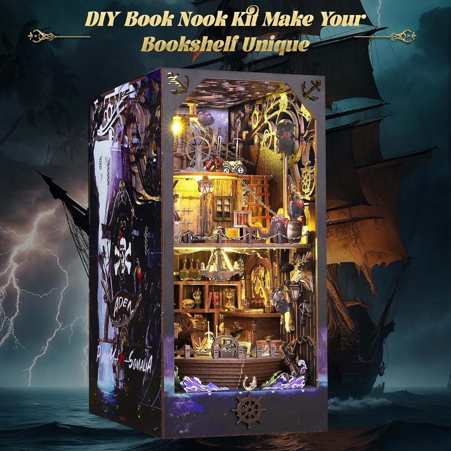 DIY Book Nook Kit Booknooks Bookshelf Insert Decor Miniature House Kits with Sensor Light 3D Puzzles Wooden Dollhouse Arts & Crafts for Adults/Teen Gifts (Aden)