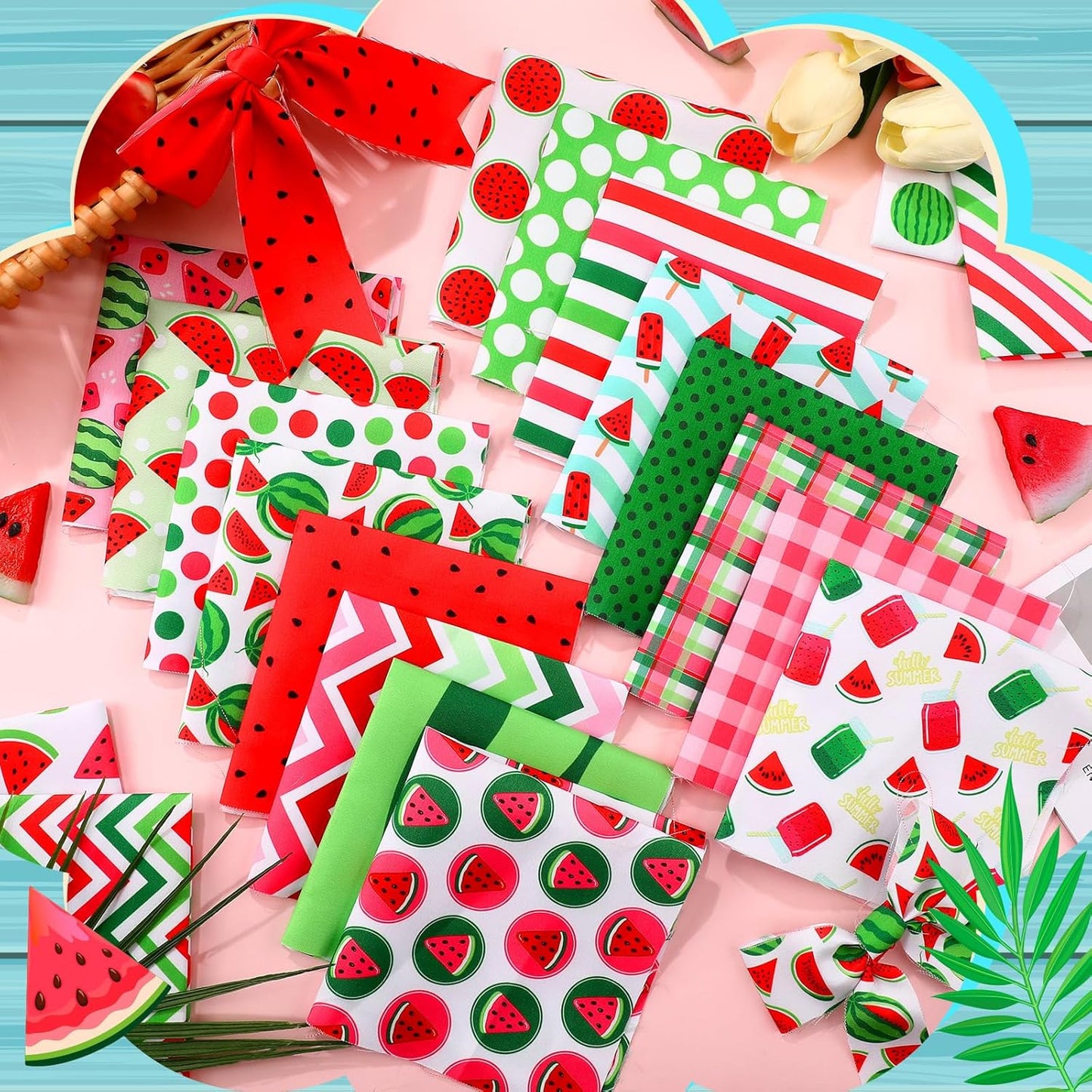 Ganeen 60 Pcs 10 x 10 Inch Quilting Fabric Squares Vintage Fat Patchwork Precut Strips Fabric Bundles for Holiday DIY Craft Sewing Quilt Material(Summer Watermelon)