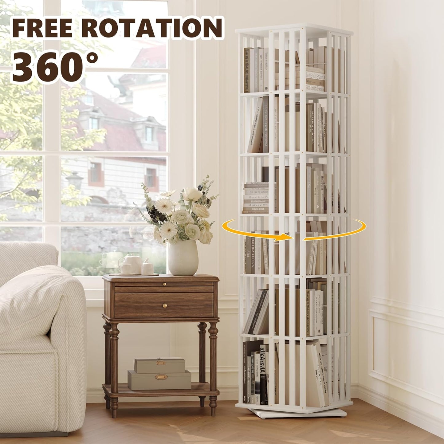 YOWOS Rotating Bookshelf Tower, 360 Display Spinning Bookcase, Bamboo Bookshelf Floor Standing Storage Rack, Wood Narrow Book Shelf Organizer for Kids&Adults (White, 6 Tier)