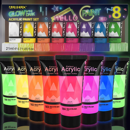 AUREUO Glow in the Dark Acrylic Paint, 8 Colors x 0.71 Fl Oz / 21ml Neon UV Black Light Paints for Easter Rocks, Wood, Craft, Canvas, Paint Party Supplies