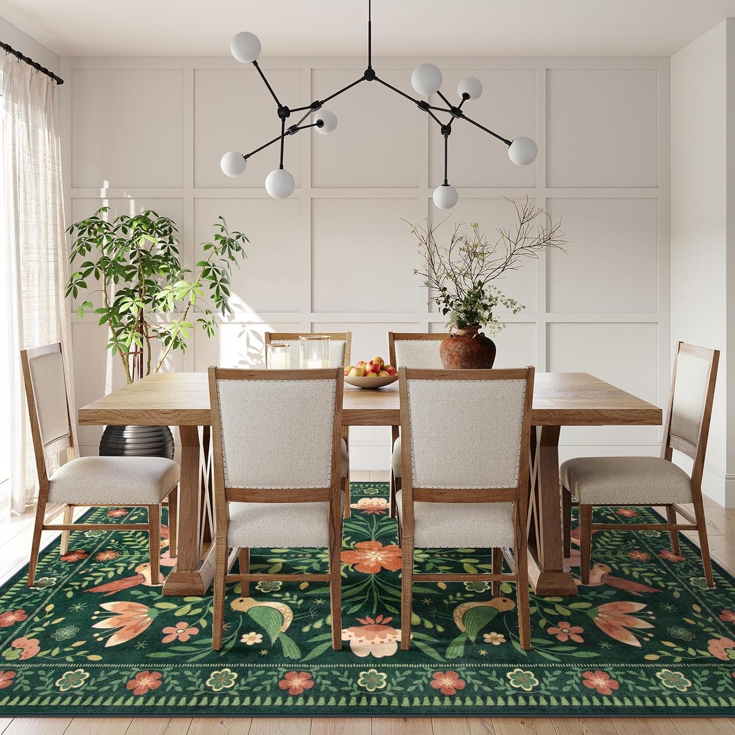 Morebes Washable Rugs 9x12 for Living Room, Large Bird Floral Area Rug Non Slip, Soft Boho Ultra-Thin Insect Carpet for Bedroom Home Office Dining Room Farmhouse, Green