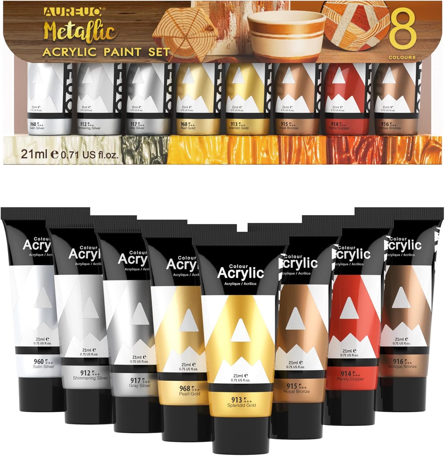 AUREUO Metallic Acrylic Paint Set - 8 Essential Colors 0.71 Fl Oz / 21ml Tubes Gold Silver Art Paints for Crafts Decor Rich Pigments Non-toxic Painting Supplies for Artists