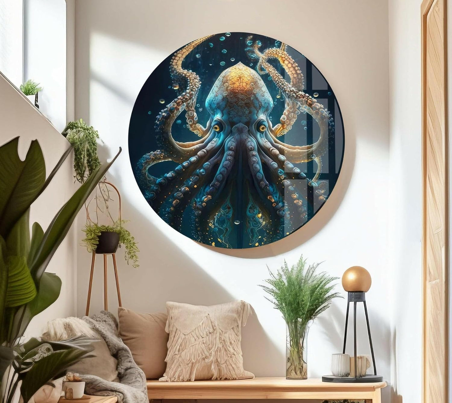 My Photostation.com 14Wx20H'' Underwater Blue Octopus Glass Wall Art Tempered Glass Printing Wall Decor Large Wall Art Wall Hangings