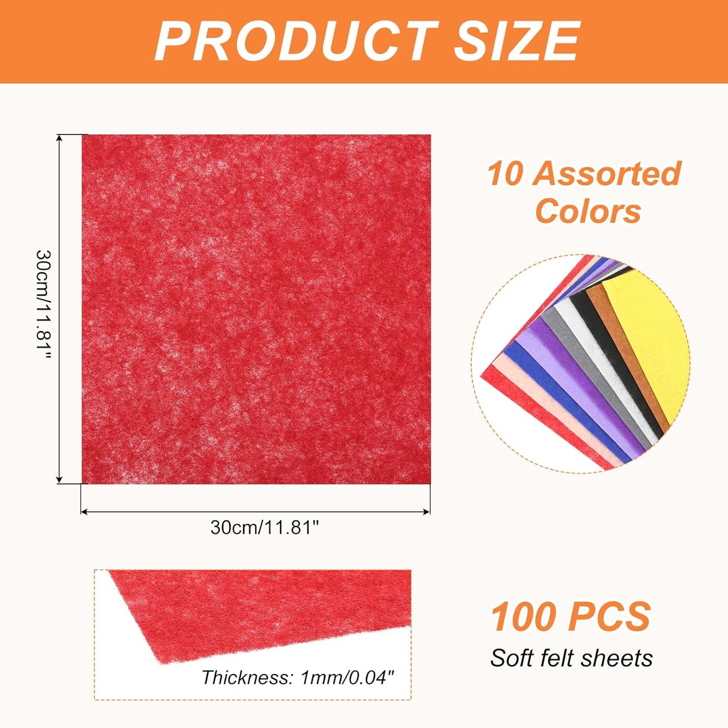 MECCANIXITY Felt Square Shape Craft Felt Sheets 11.81Inch x 11.81Inch for Home Decor Party Crafting Art, 10 Colors, Pack of 100