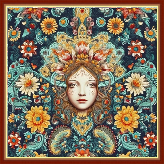 Foxhool Beginners Cross Stitch Kits Stamped Full Range of Embroidery Kits for Adults DIY Cross Stitches kit Embroidery Patterns for Needlepoint kit-Queen of Colorful Flowers 17.7x17.7 inch