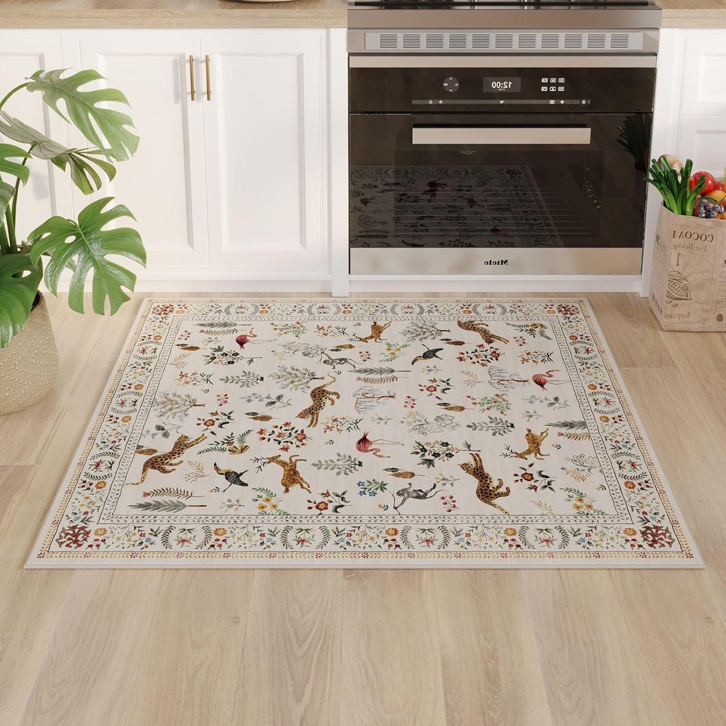 Rugcomf Door Mat Indoor Entrance 2x3 Rug Machine Washable Boho Floral Animal Small Area Rug Non-Slip Low Pile Throw Rugs for Entryway, Kitchen, Front Door Indoor Entrance, Entry, Kids Room (Beige)