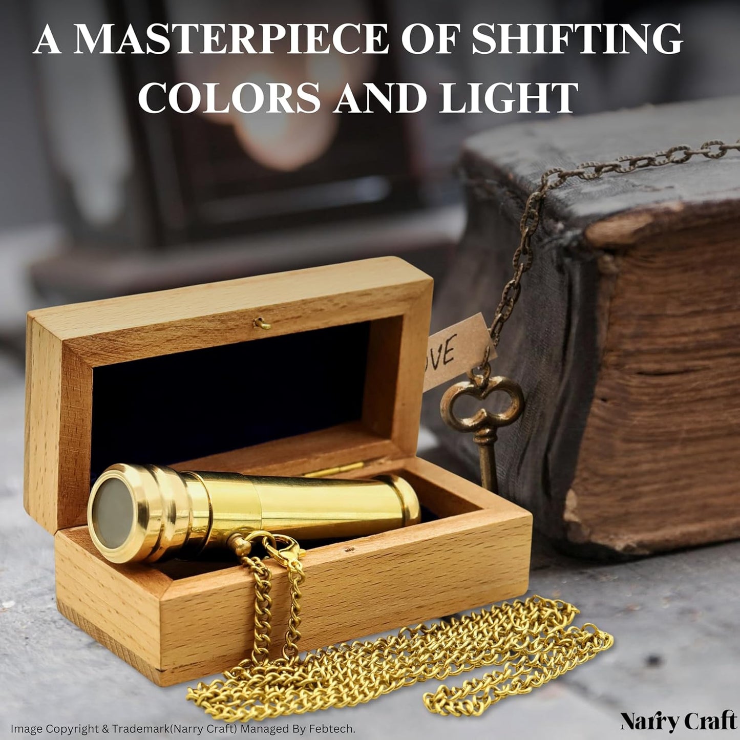 Brass Kaleidoscope with Wooden Box | Handcrafted Vintage Kaleidoscope with Optical Glass Lens & Wooden Storage Box – Collectible Gift for Kids & Adults (Golden/Brass, Small)