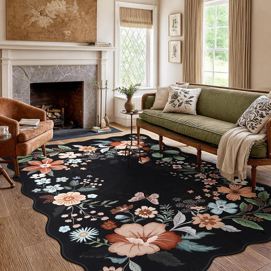 Beeiva 6x9 Rug for Living Room - Scalloped Floral Printed Bedroom Rug Machine Washable Area Rug Soft Area Rug Boho Ultra-Thin Stain Resistant Aesthetic Carpet for Playroom Dorm Office(Black,6x9ft)