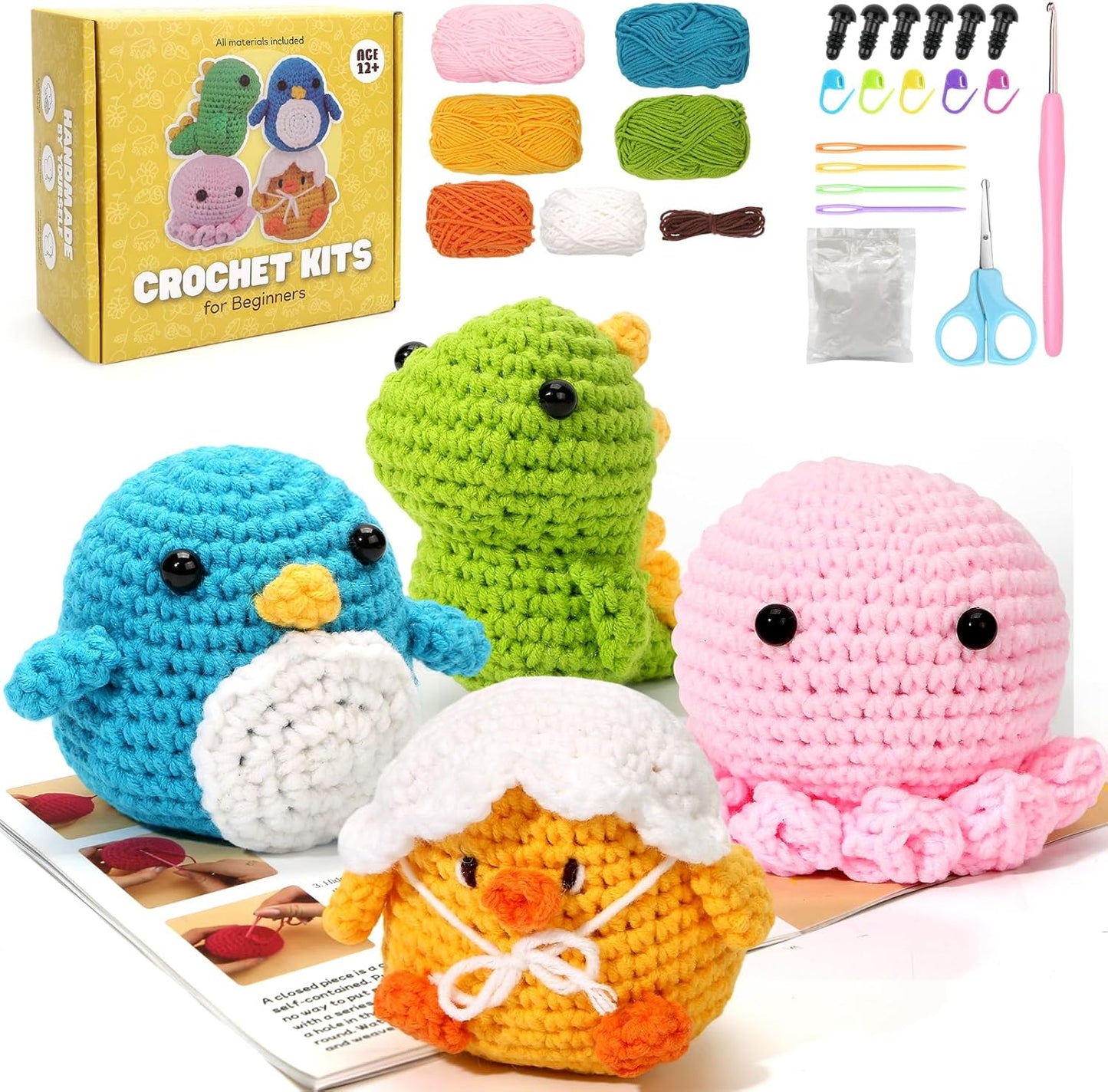 Crochet Kits for Beginners, Beginner Starter Sets with Step-by-Step Video Tutorials - Ideal Gift for Adults, Kids, Crochet Lovers, Ideal Gift for Birthday, Christmas, 4 Cute Patterns with Extra Yarn