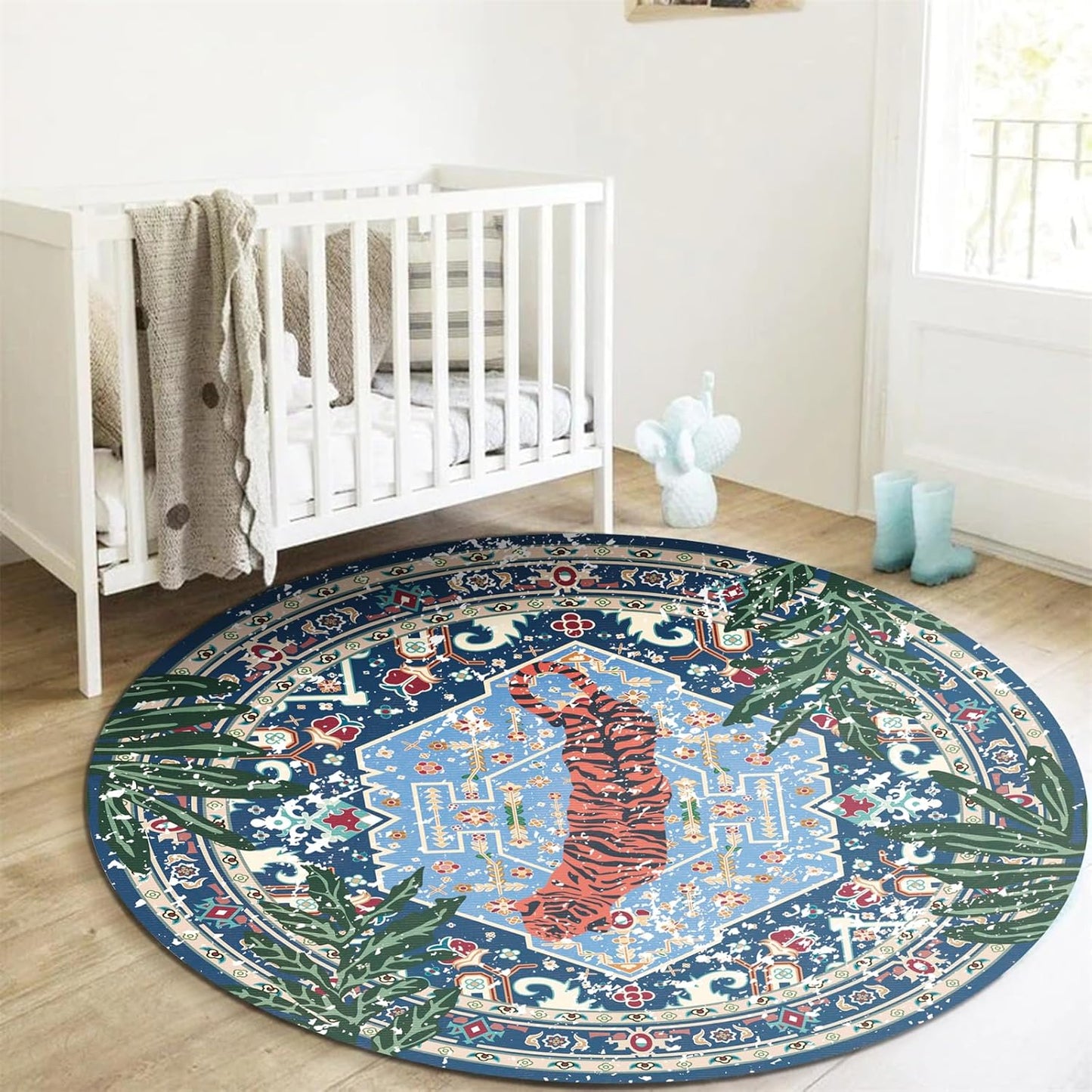 Washable Blue Rugs Thin Oriental Boho Vintage Tropical Leopard 4ft Round Area Rugs for Bedroom Kitchen Dining Living Room Office Distressed Jungle Plants Indoor Entryway Circle Carpet
