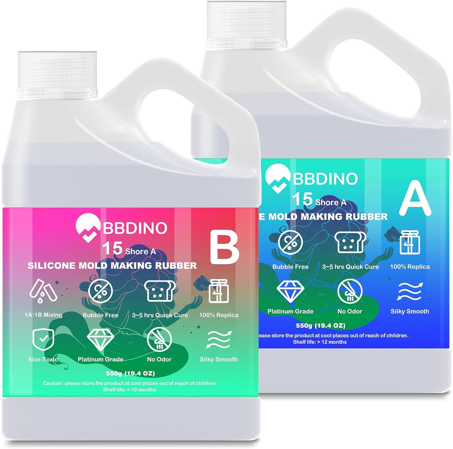 BBDINO Silicone Mold Making Kit, 15A Fast Cure Silicone for Mold Making Clear 1100g(38.8 Oz), 1A:1B Ideal for Resin/Soap/Candle/Silicon Molds Casting