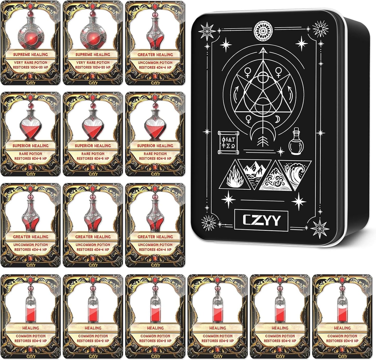 DND Healing Potion Cards Set - 15 Acrylic Fantasy Potion Tokens with Real Red Liquid | Ideal for Dungeon Masters, Tabletop RPG Players, Collectors & Immersive Game Nights (Style A)