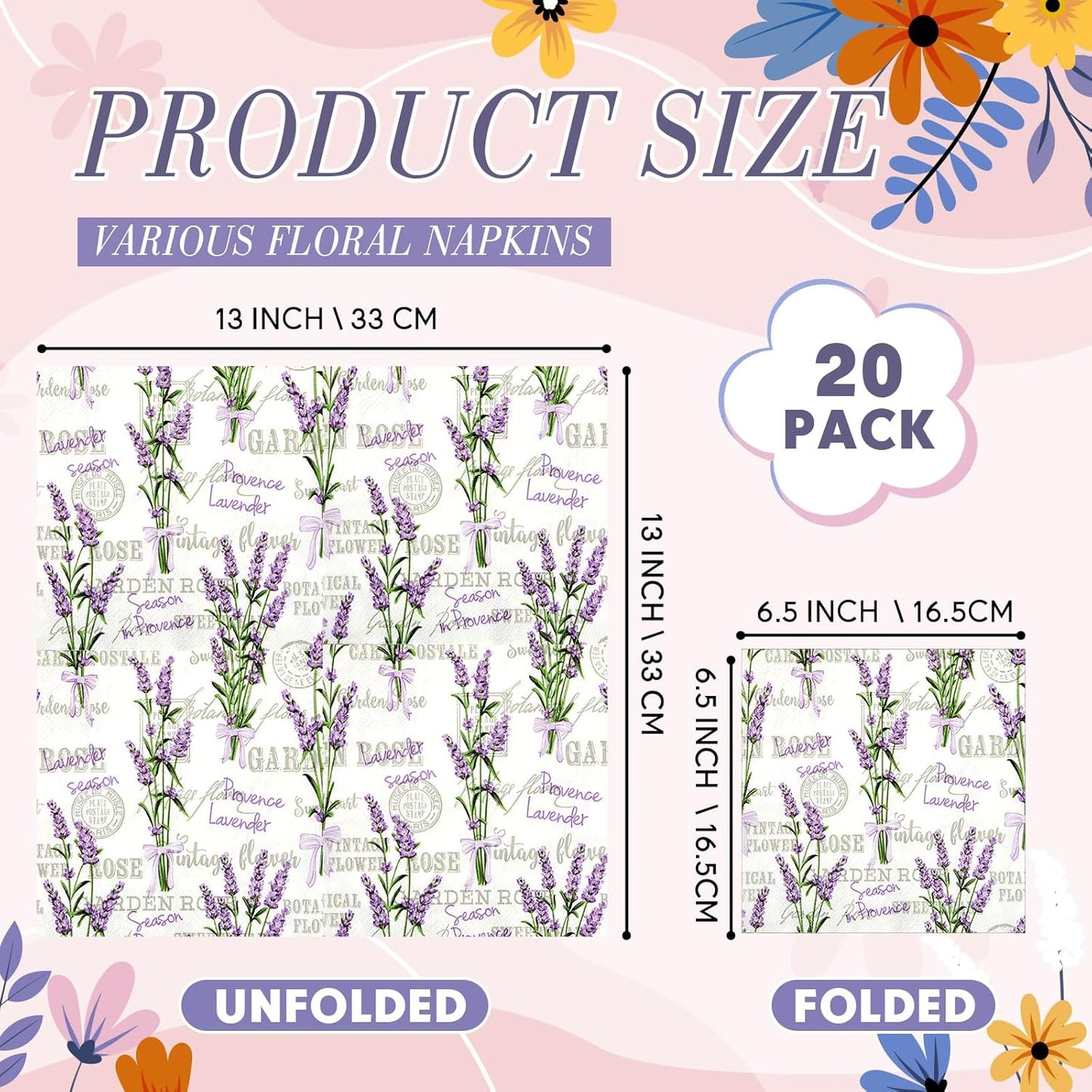 Crtiin 20 Pack Assorted Floral Napkins for Decoupage Toilet Napkins Flower Cocktail Decorative Paper for Birthday Party Beautiful Gorgeous, 20 Styles Each 6.5 inches(Style 7)